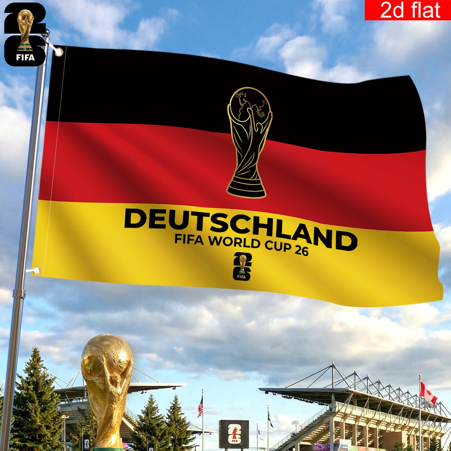 2D flat banner, 1 piece, 2026 World Cup flag banner, 3x5 feet, German flag background