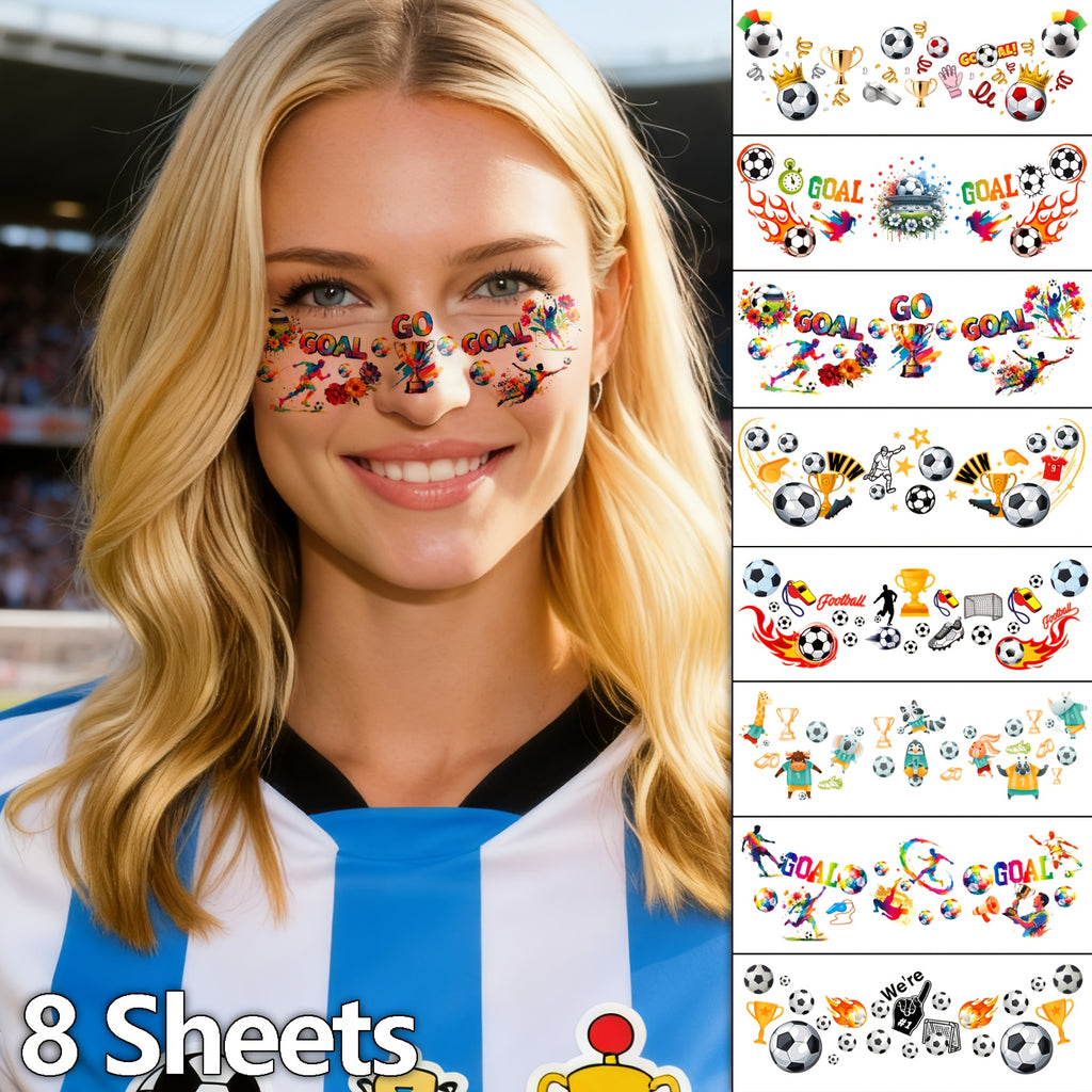 8 football temporary tattoos, perfect for parties, with a waterproof and sweat-resistant design for the face