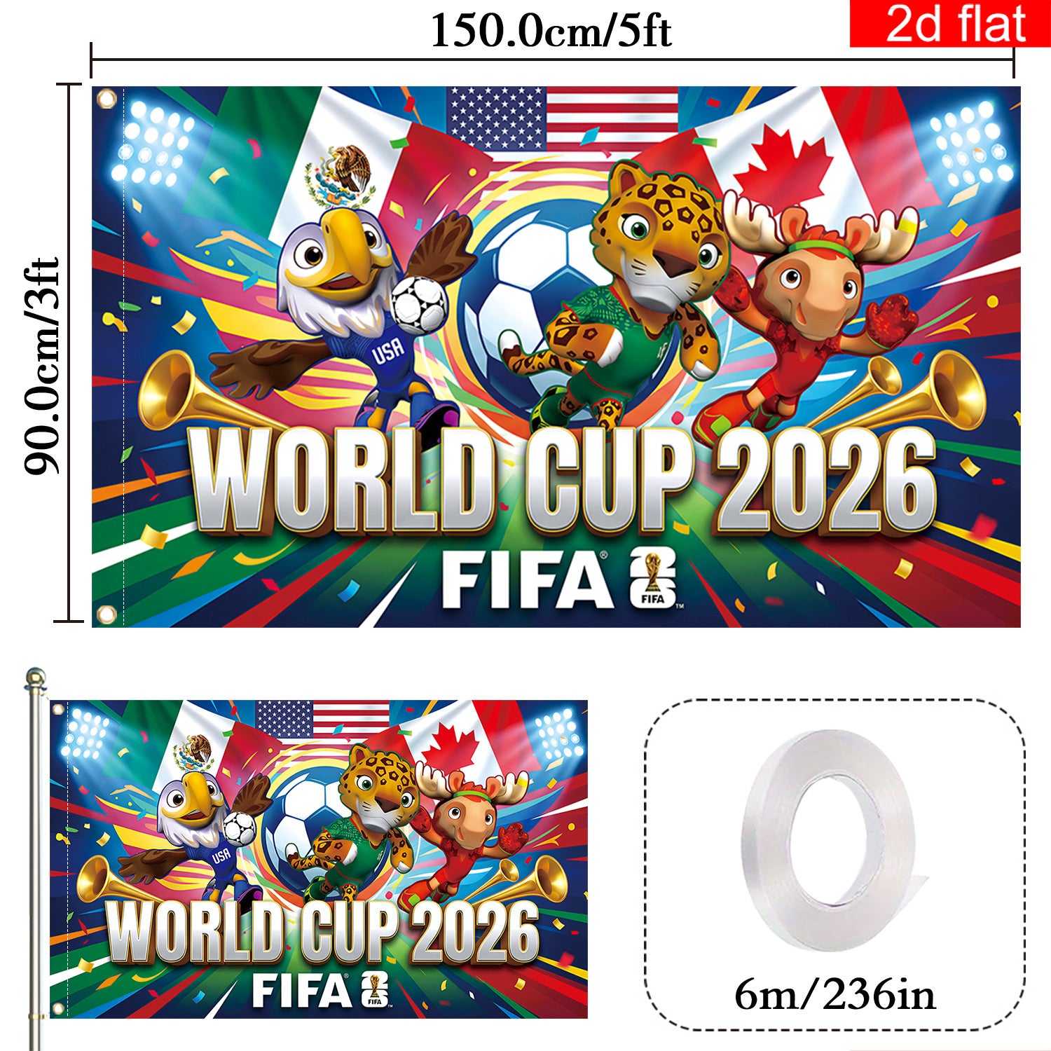 2026 USA-Canada-Mexico World Cup Banner (3x5 feet) Featuring the Host Countries' Flags