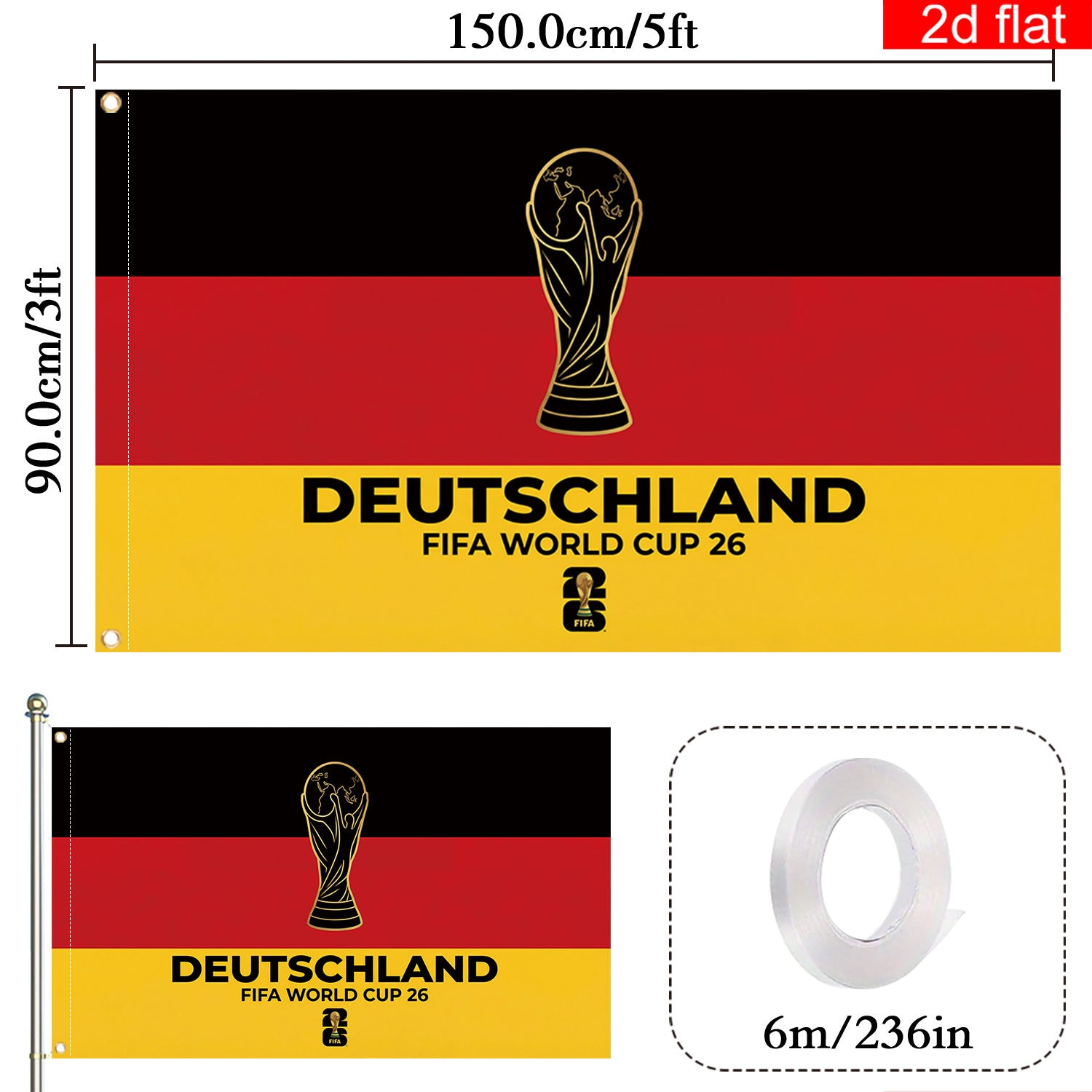 2D flat banner, 1 piece, 2026 World Cup flag banner, 3x5 feet, German flag background