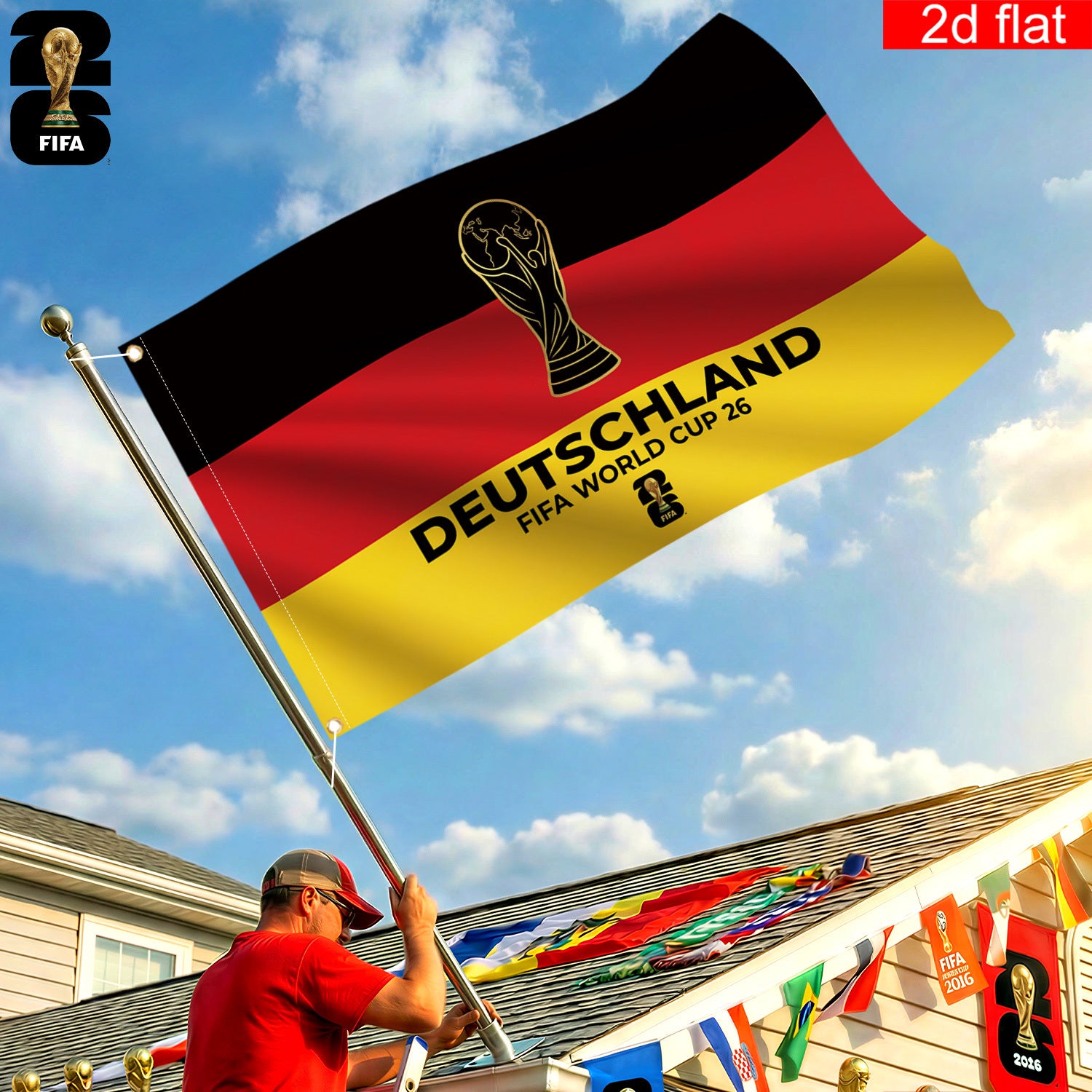 2D flat banner, 1 piece, 2026 World Cup flag banner, 3x5 feet, German flag background