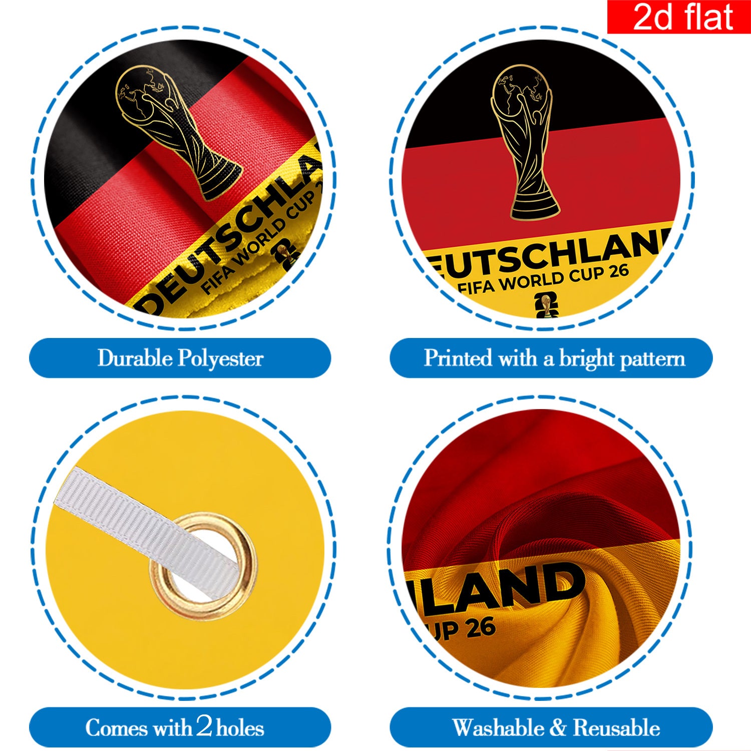 2D flat banner, 1 piece, 2026 World Cup flag banner, 3x5 feet, German flag background