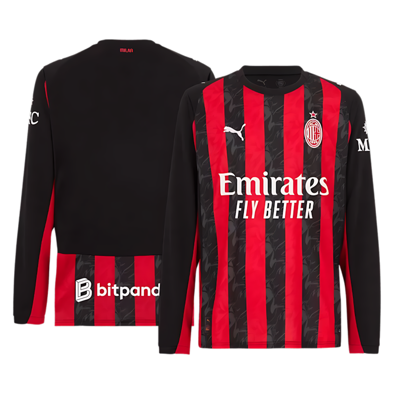 AC Milan 2025-2026 Season Home Long Sleeve Soccer Kit, Black and Red
